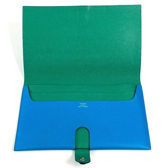 HERMES Bicolor RMS Tutankhamun bifold Long Wallet Evercolor blue/Green - Picture 1 of 16